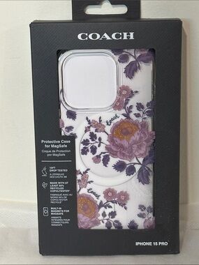 Coach iPhone 15 Pro MAGSAFE CASE Moody Floral Purple Roses Glitter NEW Rigid